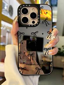 Cute Black Mirror Element Fashion Shockproof Bow Heart Pattern Mirror Shockproof Phone Case, Suitable For IPhone 13/11/17/17 Pro/16/14/15/15 Pro/15 Plus/15 Pro Max/X/Xs Max/Xr/11 Pro/12 Pro/13 Pro/14 Pro/11 Pro Max/12 Pro Max/13 Pro Max/14 Pro Max/14 Plus/17 Pro Max/17 Air, Spring Gift - Multicolor - View 2