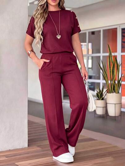 Bộ đồ nữ mới gồm áo thun cổ tròn tay ngắn và quần ống rộng cạp chun, thích hợp mặc hàng ngày, mùa xuân/hè.