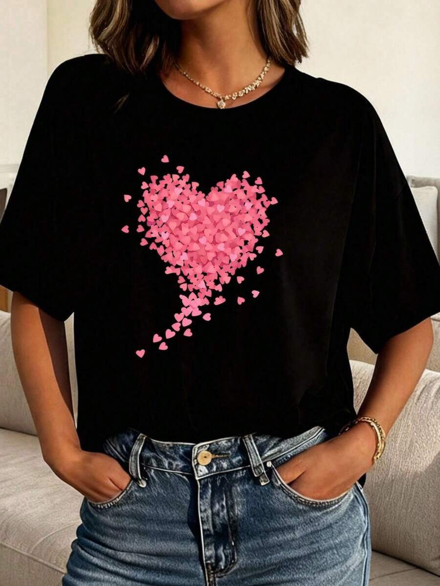 Camiseta con estampado de corazón, top casual de manga corta y cuello redondo para verano y primavera, ropa de mujer, camisetas gráficas .jpg, tops cortos para mujeres, conjuntos de verano para mujeres, tops de verano, camiseta IGF5 - Negro - Ver 1