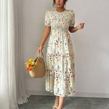 Elenzya Elegant Floral Print Ruched Waist Layered Splice Dress For Women, Suitable For Vacation - Multicolor - Ver 4