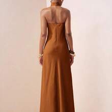 Spring 2025 New Arrivals Easter Birthday Parties Dates Everyday Outings Basic Versatile Casual Vacation Cruise Travel Beach Trending Hits Street Style Bohemian Chic Commuter Wear Brunch Outfits Airport Style Parties Holidays Elegant Banquets Dances Daily Commute Leisure Refined Elegance Street Fashion Minimalist Commuter Halter Neck Backless Pleated Detail Asymmetrical Design Hidden Pockets Elastic Waistband Asymmetrical Pleated Halter Neck Elastic Waistband Back Neckline A-Line Maxi Dress - Caqui - Ver 11