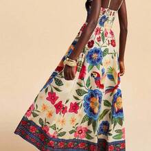 TRVLCHIC Women's V-Neck Maxi Woven Dress With Floral Print, For Spring/Summer Resort,Summer Outfits For Women,Beachwear,Easter,Beach Outfits For Woman,Spring Break,Vacation Outfits Women, Suitable For Holiday , Afternoon Tea, Wedding Season, Beach Cruise Vacation, City Road Trip Vacation, Boho Vacation, Music Festival , Beachwear, Easter, Beach Outfits For Woman, Elegant Dress For Women, Vacation Outfits Women, Concert Outfit Women, Tropical Vacation Woman Clothes, Holiday Outfits, Bohemia - Blanco - Ver 10