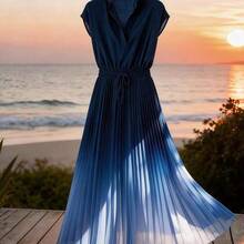 Women's Ombre Pleated Hem A-Line Dress, Waist Cinched Design, Elegant For Vacation, Commute, Valentine's Day, Date, French Chic Retro Versatile Party, Early Spring/Summer Sleeveless Blue & White New Mid-Length Dress - Multicolor - Ver 4