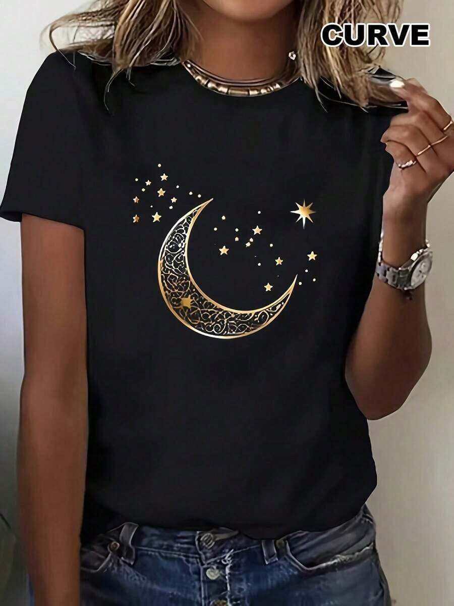 Women's Plus Size Black Short Sleeve T-Shirt, 100% Cotton - Starry Sky And Moon Print, Loose Crew Neck, Breathable Stretch Fabric, Machine Washable, Ideal For A Casual Holiday Outfit. - 黑色 - 查看 1