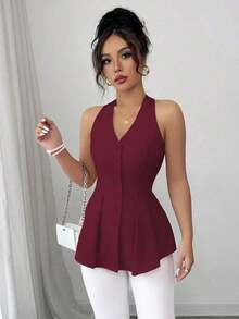 Camisa sin mangas con cuello en V, abotonada, con pliegues a la cintura y línea A, casual y elegante, adecuada para la oficina, vacaciones, primavera/verano - Burdeos - Ver 3