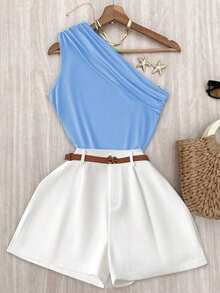 Set de 2 piezas con top de un solo hombro y shorts de unicolor casual de vacaciones para mujer - Azul - Ver 1