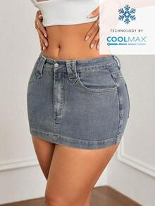Minifalda de mezclilla ajustada y de tiro bajo lavada, con estilo callejero sexy para el verano - Azul lavado medio 3 - Ver 3