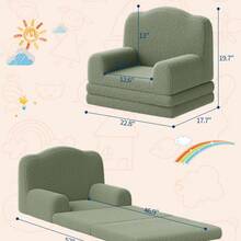 Sillón infantil convertible con diseño de corona – Sherpa suave y funda lavable – Silla cómoda y cama plegable para niños y niñas – Ideal para sala de juegos y guardería - Verde - Ver 5