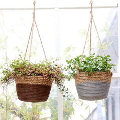 1 pieza, Jarrón, Cesta colgante de plantas de ratán tejido a mano (forrada), Macetero tejido de estilo rústico, Adecuado para decoración interior y exterior, Soporte de plantas de estilo granja
