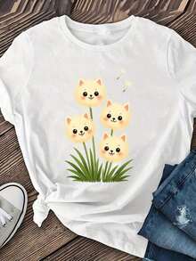 Camiseta de manga corta para mujer con estampado de gato y diente de león - Suave, elástica, de cuello redondo, informal, versátil y transpirable para primavera, verano y otoño, lavable a máquina y duradera, cómoda para el uso diario, de tela elástica, talla para adulto. - Negro - Ver 7