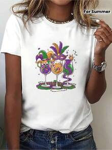 White Casual Short Sleeve Round Neck T-Shirt Wo | Three Decorative Prints Of Wine Glasses, With Feathers, Crowns And Festive Beads, Breathable Summer And Spring T-Shirts, Suitable For Parties, Carnivals, Casual Wear, T-Shirts With Vibrant Prints, Non-See-Through Material. - 白色 - 查看 1