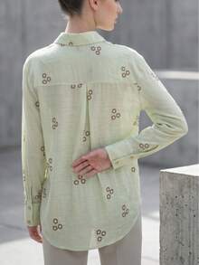 Women's Brown Floral Print Shirt - Relaxed Fit - Made In Turkey - Green - View 2