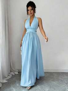 Elegante vestido sin mangas con cuello en V, diseño hueco en la cintura y pliegues, color morado, nueva llegada de primavera/verano - Celeste - Ver 6