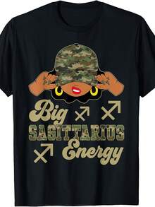 Camiseta de Mujer con Estampado del Signo Zodiacal Sagitario - Gorra Negra de Camuflaje con Estampado Gráfico de Sagitario, Blusa Casual de Cuello Redondo, Lavable a Máquina, Adecuada para Halloween, Regalos de Navidad, Regalos para Sagitarios - Negro - Ver 6
