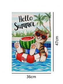 12x18 英寸“Hello Summer Kitty”花园旗，双面夏季沙滩庭院旗，图案为戴着西瓜时尚眼镜的可爱小猫咪和热带棕榈树装饰，适合户外露台草坪使用。 - O - 查看 10
