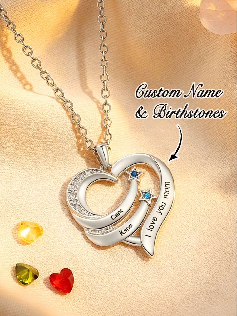 1 chiếc vòng cổ hình trái tim khắc đá sinh nhật theo yêu cầu, dây bạc, vòng cổ đá Zirconia cho nữ, vòng cổ hình trái tim đá sinh nhật theo yêu cầu, vòng cổ đá sinh nhật gia đình, vòng cổ nhiều đá sinh nhật, vòng cổ dành cho mẹ, quà tặng Ngày của Mẹ cho cô ấy - Bạc - Xem 1
