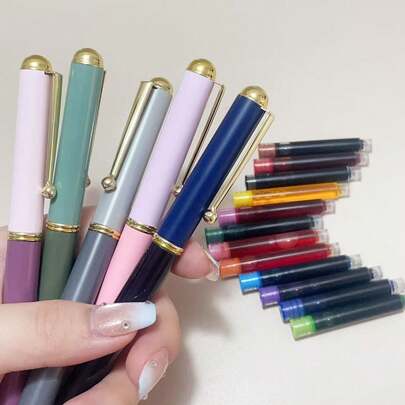 Macaron Pastel Steel Pen Set With 12 Colored Ink Refills, 0.5mm Fine Tip, Perfect For Calligraphy Practice And School Supplies