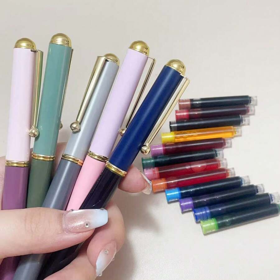 马卡龙粉彩钢笔套装，含12支彩色墨水笔芯，0.5毫米细笔尖，非常适合书法练习和学习用品