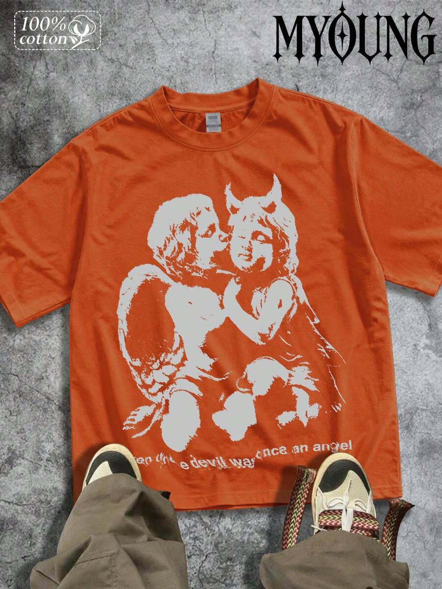 100% Pure Cotton Printed T-Shirt  X Logo Streetwear Graffiti Style Fashion Statement  Design S To 3XL Short-Sleeved Round Neck Casual Top Suitable For All Seasons Men's Wear - 橘色 - 查看 1