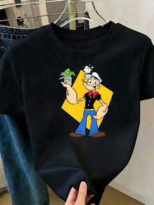 Playera negra para mujer de cuello redondo, manga corta, estampado de personaje de caricatura con espinaca, estilo clásico, ideal para uso diario, casual, verano, algodónAdecuado como regalo. playera de mujer. blusas>elegantes. boho chic,Exquisita camiseta estampada de cuello redondo para mujer, ideal para varias estaciones, perfecta para vacaciones, viajes y días festivos. - Negro - Ver 6