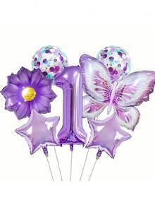 7pcs Purple Butterfly Balloon Set, Suitable For Purple Birthday Theme Party, Sunflower Decor - Multicolor - View 2
