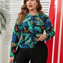 Swim SPRTY Summer Beach Plus Size Women's Tropical Plant Print Bikini Swimwear, Long Sleeve Bathing Suit Beach Outfit Vacay Vibe - Multicolor - Ver 4