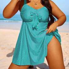 Swim Lushore Summer Beach Plus Size Polka Dot Knot Front Swim Dress - Celeste - Ver 1