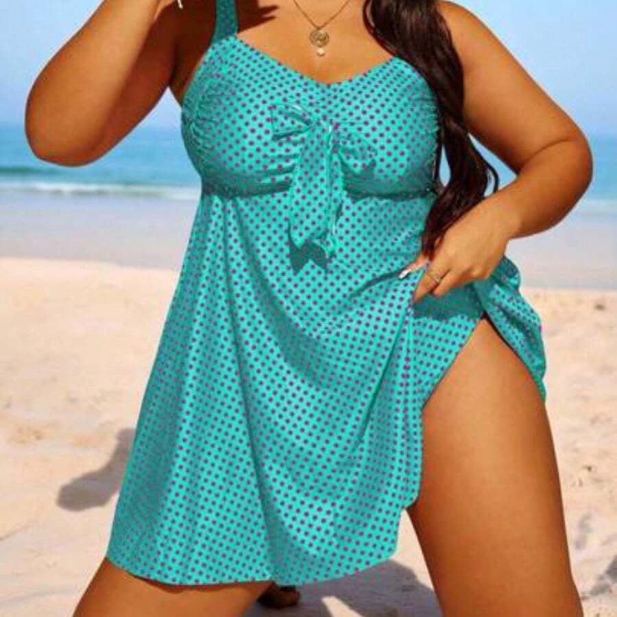 Swim Lushore Summer Beach Plus Size Polka Dot Knot Front Swim Dress - Celeste - Ver 1