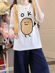 可愛卡通印花趣味女款夏季T恤，OK字母+微笑馬鈴薯圖案白色休閒款 - 白色 - 查看 6