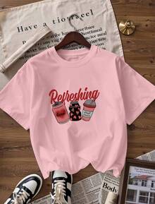 Short-Sleeve T-Shirt With "Refreshing" Slogan And Cans, Jars, And Glasses.  Short-Sleeve T-Shirt For Spring And Summer 2026, Made In Mexico, 180 Grams. Cartoon Print, Couple Design, Suitable For Indoor Or Outdoor Wear. Crew Neck, Unisex, Ideal For Office And Leisure. One-Pack. - PK-P631577SLNDXZGY383 - 查看 4