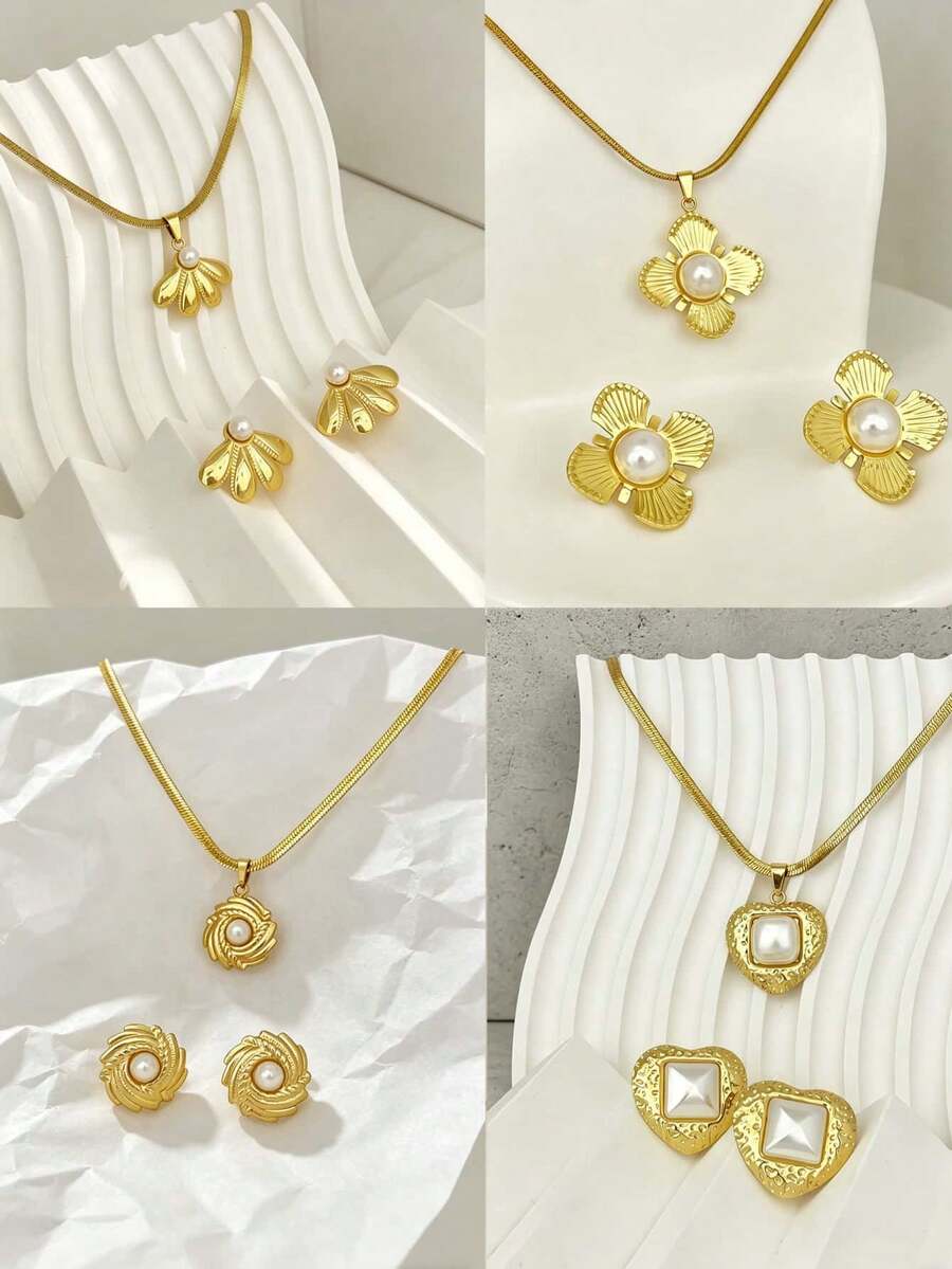 18K镀金不锈钢珍珠首饰套装,女士款,复古花朵/心形/扭纹/四瓣花耳环搭配蛇骨链项链,防水防过敏,时尚礼品,小众设计奢华首饰,高端防过敏不褪色,完美搭配通勤、约会、派对等各种场合,轻松提升整体造型的优雅气质,是生日礼物、母亲节礼物等的理想之选。 - 金色 - 查看 1