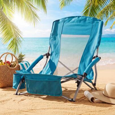 COSTWAY Folding Beach Chair, Portable Lightweight Low Seat Chair With Padded Armrests, Cup Holder & Storage Pocket, Heavy Duty Camping Chair With Carry Bag For Outdoor Picnic, Concert & Travel, Blue