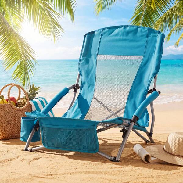 COSTWAY Folding Beach Chair, Portable Lightweight Low Seat Chair With Padded Armrests, Cup Holder & Storage Pocket, Heavy Duty Camping Chair With Carry Bag For Outdoor Picnic, Concert & Travel, Blue