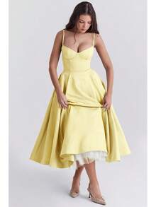 Vestido midi de satén con escote de corazón, vestido de graduación con tirantes finos y vuelo con bolsillos para bodas y eventos formales - Amarillo - Ver 3