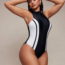Women's Black & White Spliced ​​Zipper Stand Collar One-Piece Swimsuit, Tummy Control, Racer Back, Linear, Exquisite And Premium Beach Vacation Shaping Swimsuit For Summer - Blanco y Negro - Ver 5