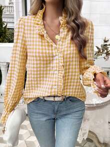 Kemeja Wanita Lengan Panjang Regular Fit Motif Kotak-kotak Kuning dengan Ruffle dan Kancing Depan, Sempurna untuk Pakaian Kasual Musim Gugur. Musim Kembali ke Sekolah. - Kuning - View 4
