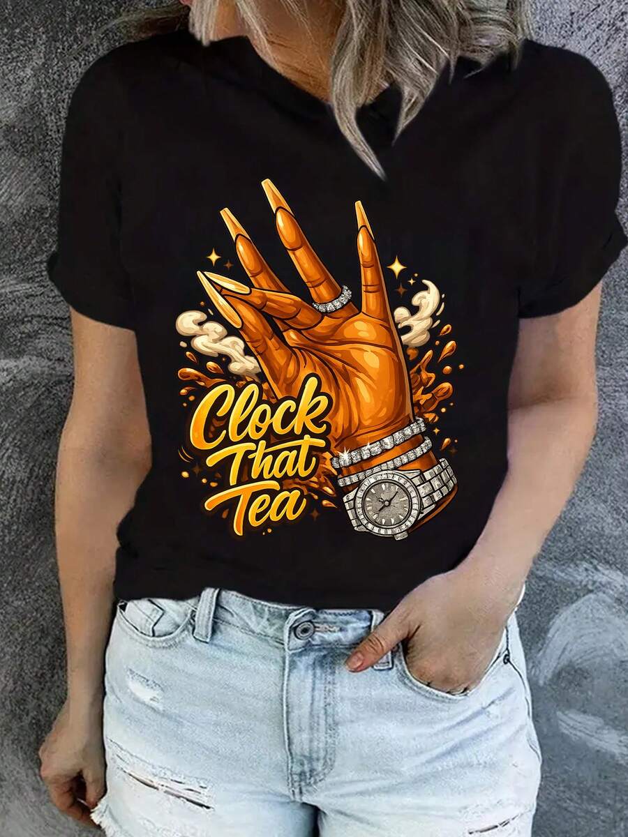 Camiseta deportiva casual para mujer, talla grande, Clock Tea, mangas cortas suaves y elásticas, ropa casual para primavera, verano y otoño, tela transpirable, camiseta para mujer, regalo para seres queridos, manga corta de  para Pascua. - Negro - Ver 1