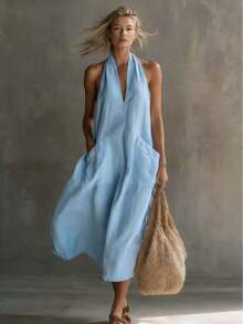 Women's Halter Neck Linen Maxi Dress, Sold Out Viral Casual Dress, V-Neck Sleeveless Loose Fit Dress With Pockets, High Demand Limited Stock, Beach Cover Up, Resort Wear, Old Money Aesthetic - 天藍色 - 查看 1