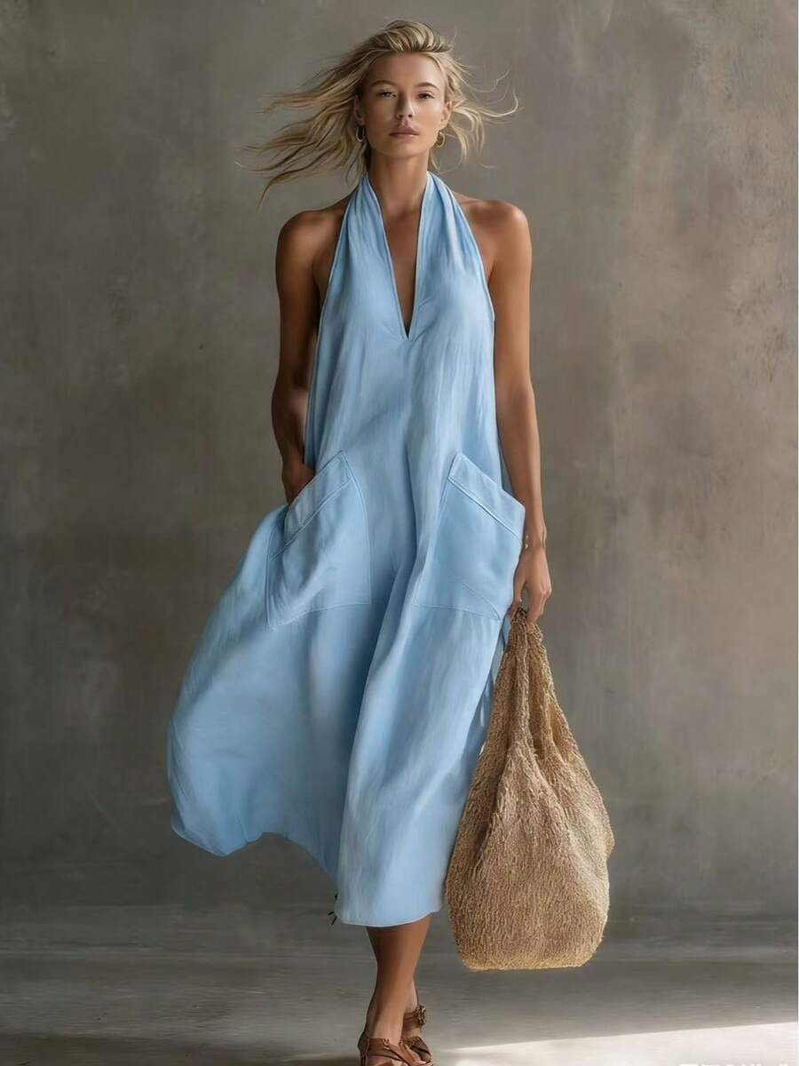 Women's Halter Neck Linen Maxi Dress, Sold Out Viral Casual Dress, V-Neck Sleeveless Loose Fit Dress With Pockets, High Demand Limited Stock, Beach Cover Up, Resort Wear, Old Money Aesthetic - 天藍色 - 查看 1