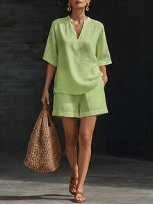 Women's Linen Blend Two-Piece Set With Half Placket Top And Elastic Waist Shorts - 綠色 - 查看 5