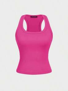 Camiseta de tirantes de mujer Floreya con cuello cuadrado, top corto casual de ajuste ceñido sin mangas, versátil para usar por sí solo o en capas, estilo minimalista francés, apto para todas las estaciones, verano - Rosado Sandía - Ver 3