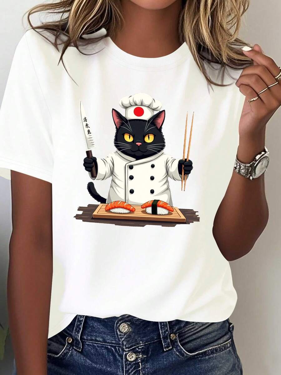 Women's T-Shirt With Black Cat Chef Design In Japanese Culinary Style