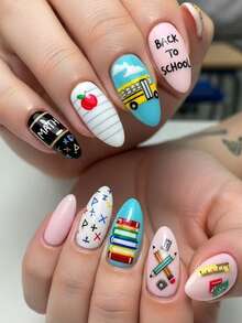 24pcs Book Pattern Short Nail Stickers, Apple Design Nail Art Decals, Waterdrop Shaped Nail Wraps, Convenient For Daily, Party, Travel, Manicure - Multicolor - View 1