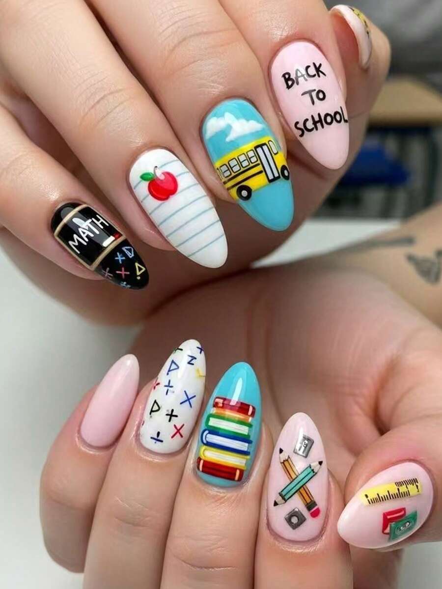 24pcs Book Pattern Short Nail Stickers, Apple Design Nail Art Decals, Waterdrop Shaped Nail Wraps, Convenient For Daily, Party, Travel, Manicure - Multicolor - View 1