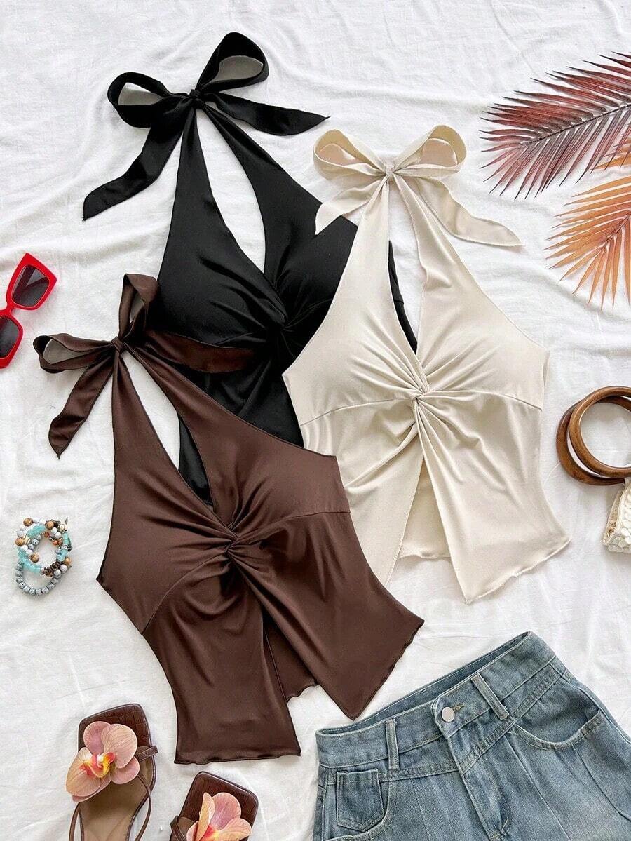 3 piezas Camiseta ajustada con cuello en V, nudo delantero, bajo asimétrico, color amarillo, beige, azul claro, adecuada para vacaciones, citas, té de la tarde, vacaciones, festivales de música, estilo bohemio, verano, playa - Multicolor 2 - Ver 1
