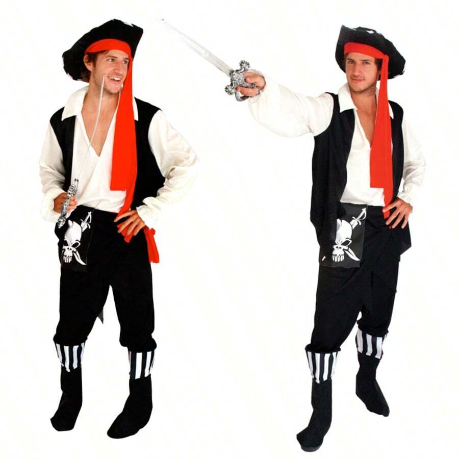 成人男士海盜角色扮演服裝,傑克船長風格,萬聖節派對服裝套裝 - 彩色 - 查看 1