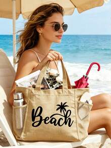 海灘主題帆布托特包，女款大容量夏季海灘包，印有「BEACH」字母藝術圖案，附拉鍊口袋，輕量耐用可重複使用，附內袋與網袋，適合海灘度假、旅行、野餐、上學及其他日常使用 - 彩色 - 查看 6