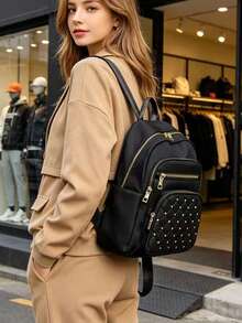 Large Capacity Backpack For Women, Classic Solid Color Handbag For Ladies - Apricot - View 2