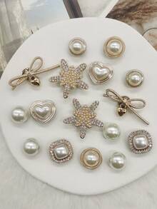 16PCS Golden Bowtie Star ABS Shoe Charms Accessories Bling Rhinestone Heart Clog Shoes Buckles DIY Decorations Faux Pearl Shoe Clips Ornaments - Multicolor - View 2