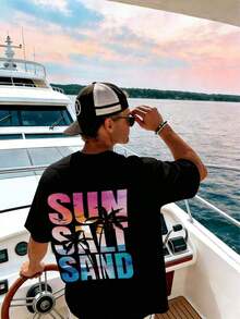 New Men's T-Shirt With Letter And Palm Tree Pattern In Beach Holiday Style, Short Sleeve - Black - View 7